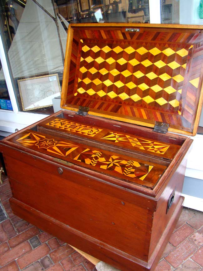 A late 19th century Carpenters tool chest with exotic wood inlays circa 1890